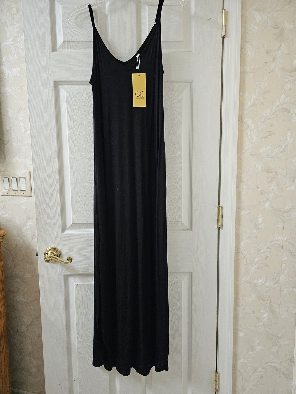 Black Maxi Slip Dress with V-Neck and Adjustable Spaghetti Straps
